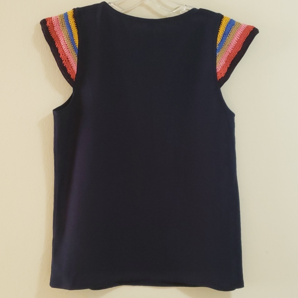 Crochet- Sleeve Knit Top, Navy Multi, Sz L